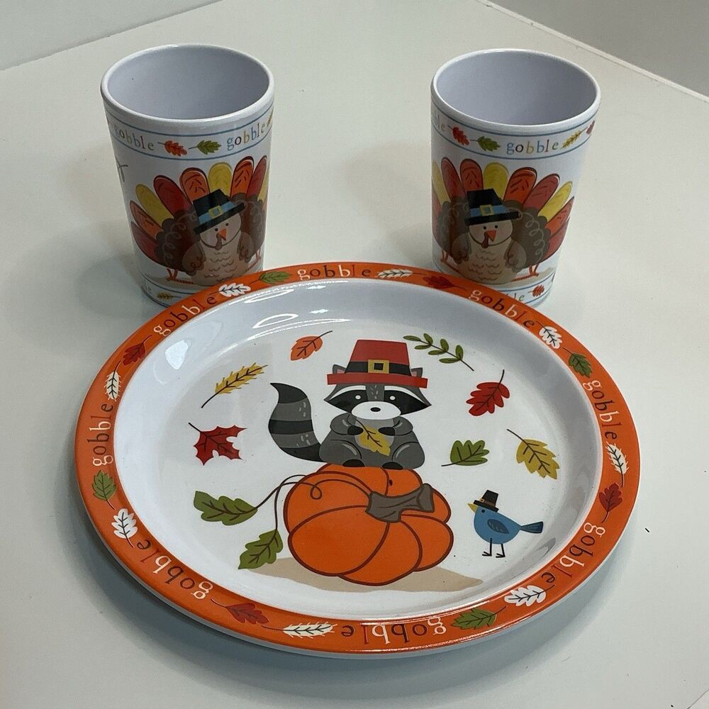 Thanksgiving Gobble Melamine Plate 2 Cups Turkey Raccoon Pumpkin 3 Piece Set